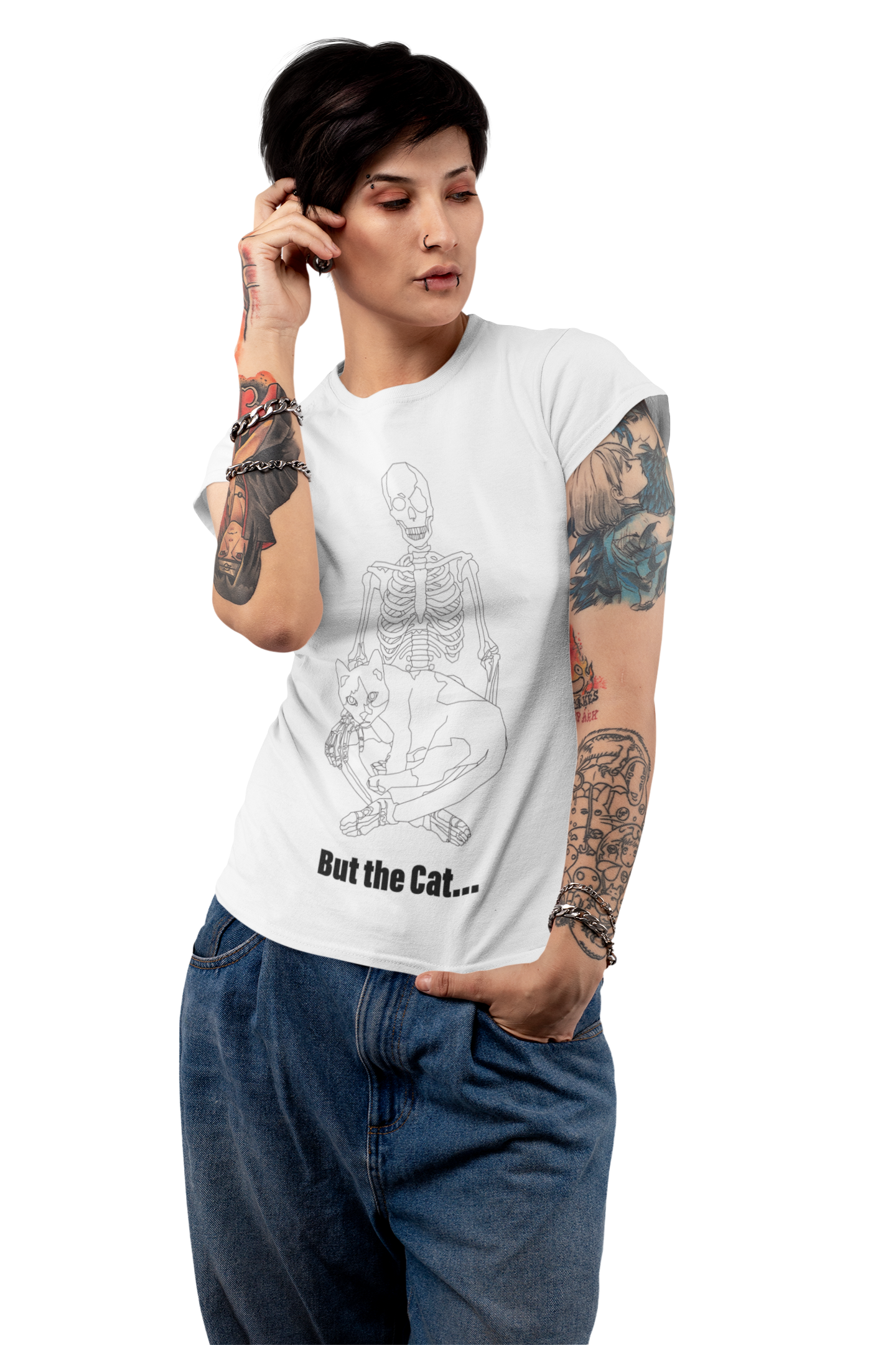 Dark Humor Cat T-Shirt - Skeleton and Cat Graphic Tee - Funny Goth Cat Lover Gift