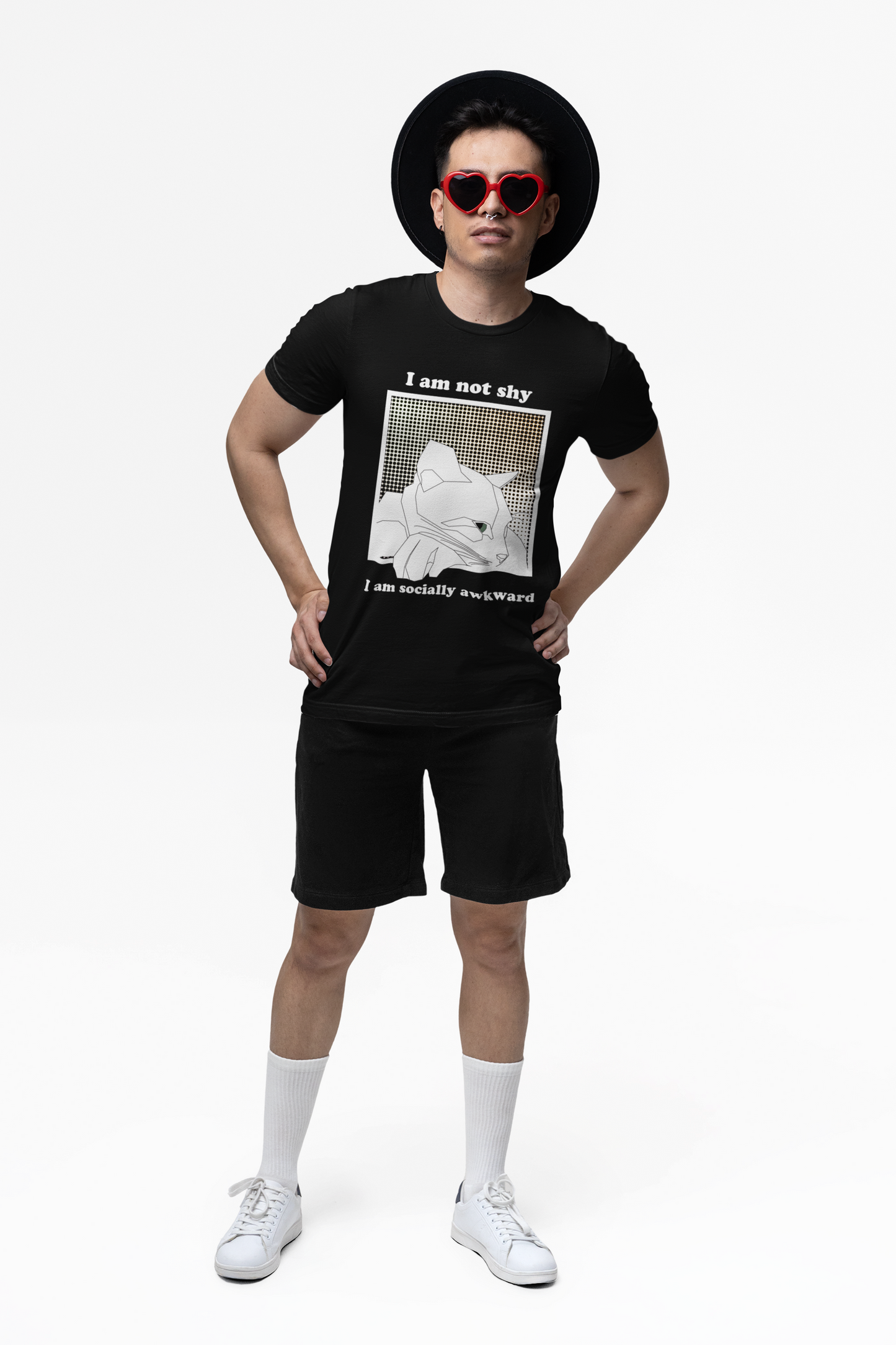 Socially Awkward Cat T-Shirt - Funny Cat Graphic Tee, I Am Not Shy Statement Shirt, Pop Art Cat