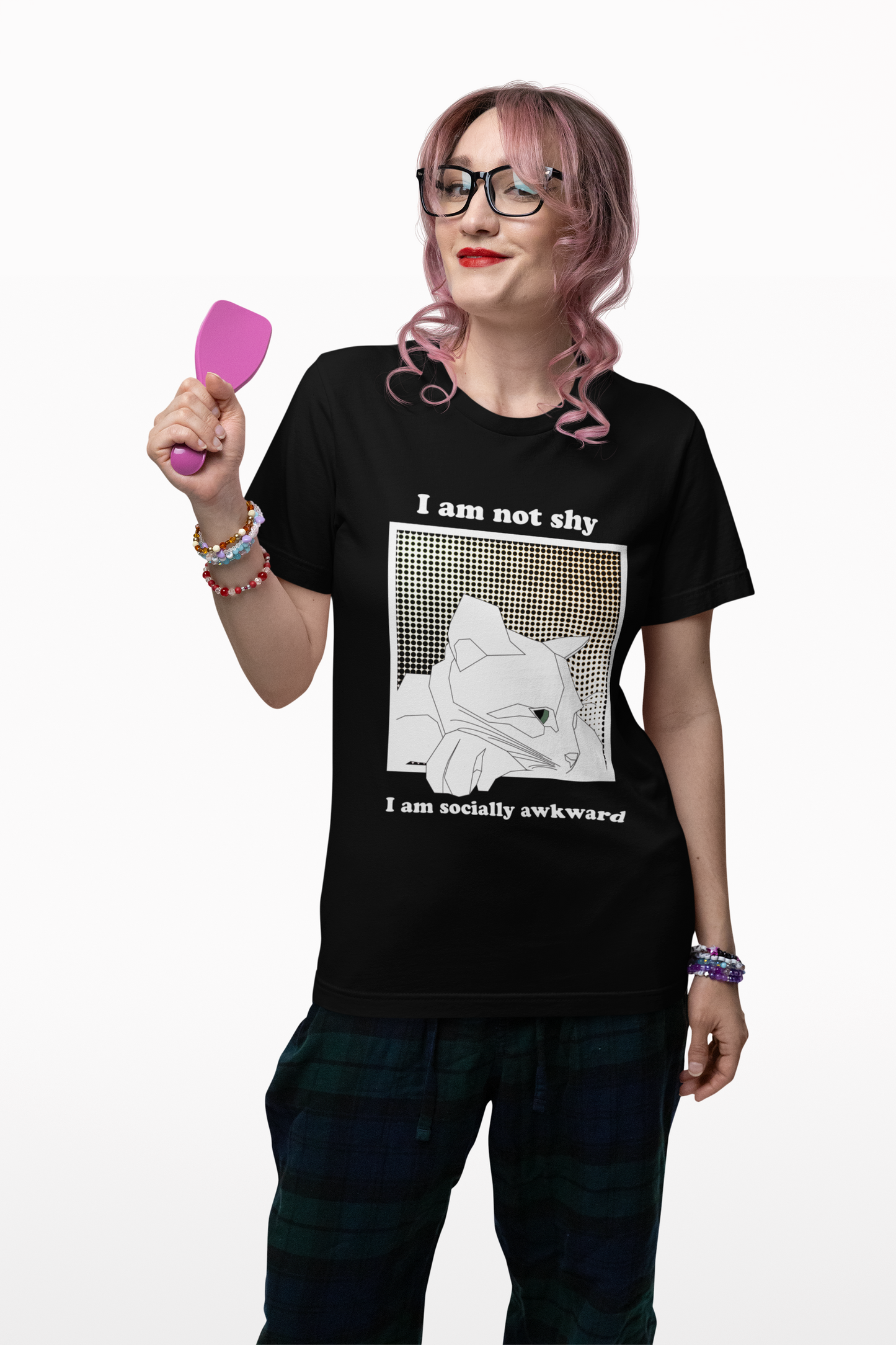 Socially Awkward Cat T-Shirt - Funny Cat Graphic Tee, I Am Not Shy Statement Shirt, Pop Art Cat